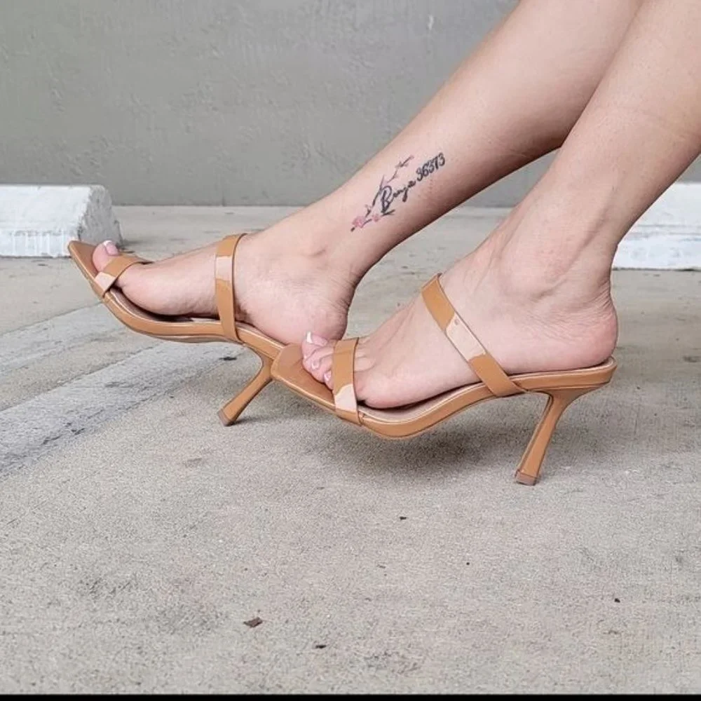 Women Tan Double Strap Mule Heels Sandals - Picture 6 of 6